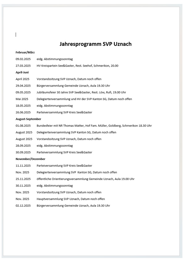 Jahresprogramm 2025 der SVP Uznach